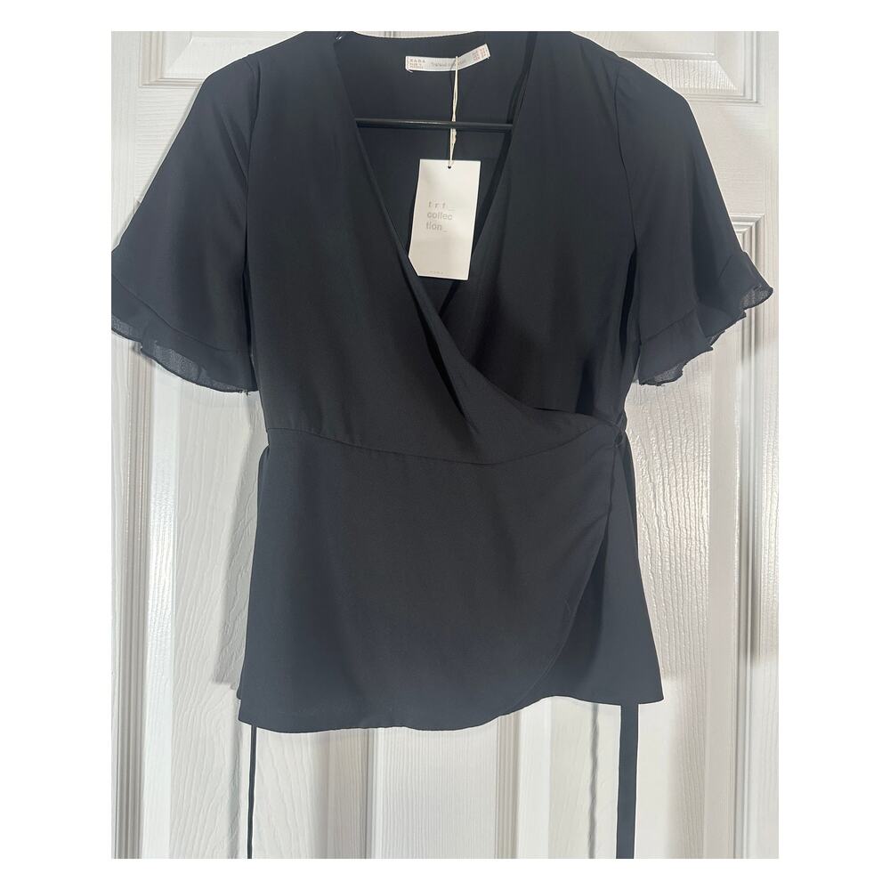 NWT - Zara Trafaluc Wrap Top with Flutter Sleeves – Black – Size XS - Picture 6 of 7
